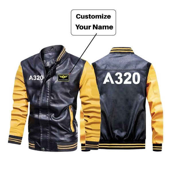 A320 Flat Text Designed Stylish Leather Bomber Jackets Online Sale