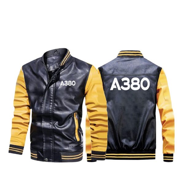 A380 Flat Text Designed Stylish Leather Bomber Jackets For Cheap