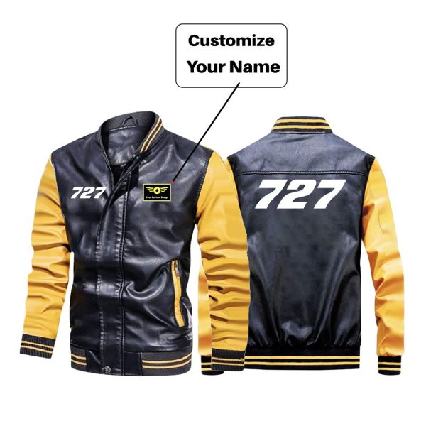 727 Flat Text Designed Stylish Leather Bomber Jackets Online Sale