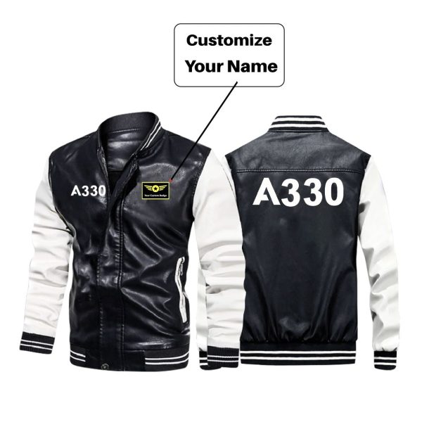 A330 Flat Text Designed Stylish Leather Bomber Jackets Online Sale