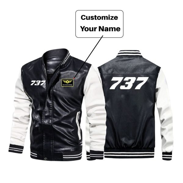 737 Flat Text Designed Stylish Leather Bomber Jackets For Sale