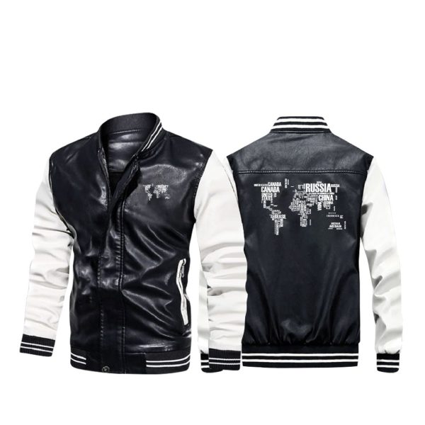 World Map (Text) Designed Stylish Leather Bomber Jackets Sale