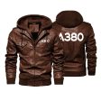 A380 Flat Text Designed Hooded Leather Jackets Online Hot Sale