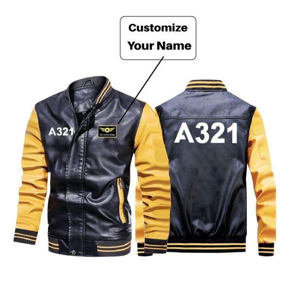 A321 Flat Text Designed Stylish Leather Bomber Jackets For Discount