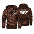 787 Flat Text Designed Hooded Leather Jackets Cheap