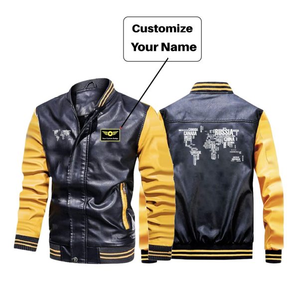 World Map (Text) Designed Stylish Leather Bomber Jackets Sale