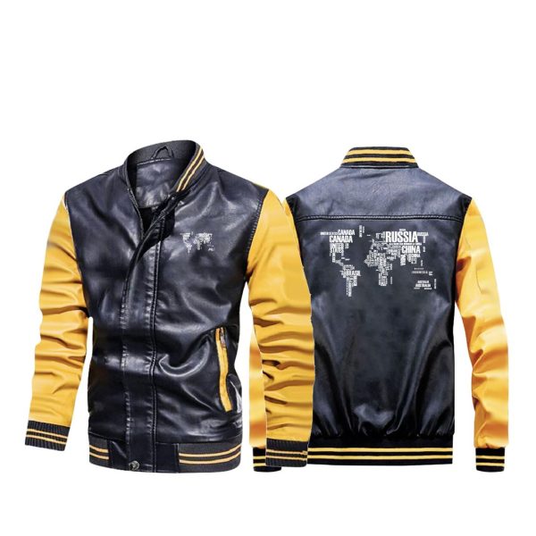 World Map (Text) Designed Stylish Leather Bomber Jackets Sale