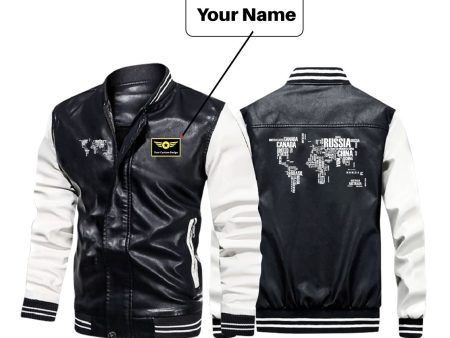 World Map (Text) Designed Stylish Leather Bomber Jackets Sale