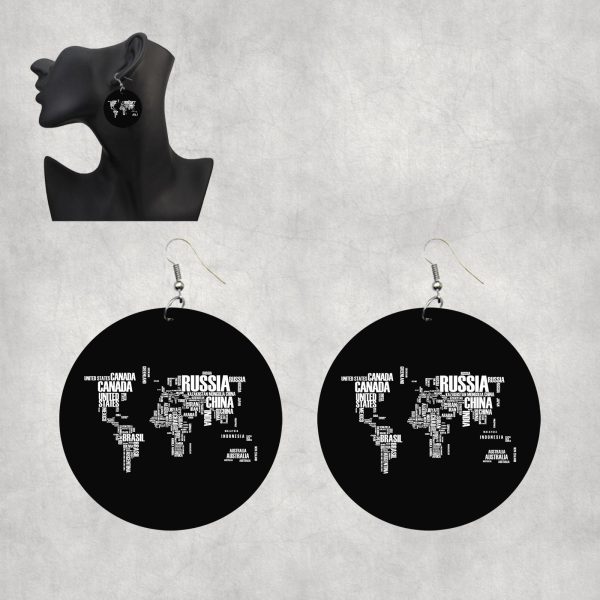 World Map (Text) Designed Wooden Drop Earrings Sale