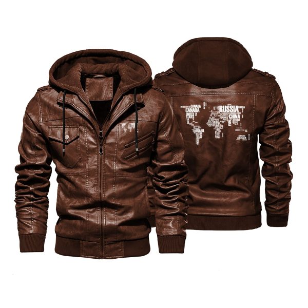 World Map (Text) Designed Hooded Leather Jackets Online Sale